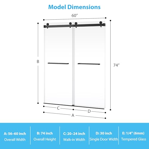 Image of Shower Doors 56-60 inch W x 74 inch H, Frameless Double Sliding Door, 1 /4 inch (6mm) Clear Tempered Glass, Space-Saving Design for Modern Bathrooms