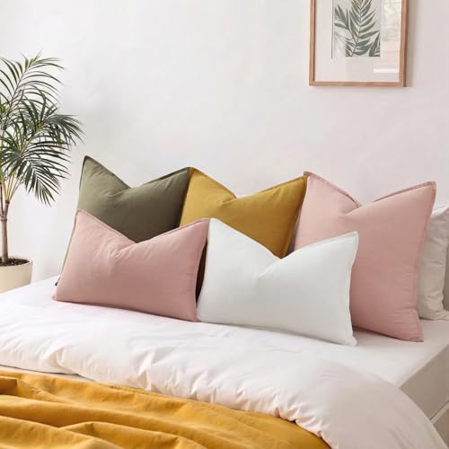 Image of decorUhome Decorative Linen Throw Pillow Covers 12x20 Inch Set of 2 Cream White Lumbar Pillow Covers with Flange Edges Soft Farmhouse Boho Accent Pillow Cases for Couch Bed Living Room
