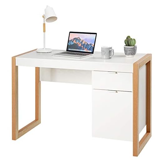 Tangkula White Desk with Drawer & Cabinet, Wooden Home Office Desk, PC Laptop Workstation Study Writing Desk, Ideal for Bedroom Home Office (White & Natural)