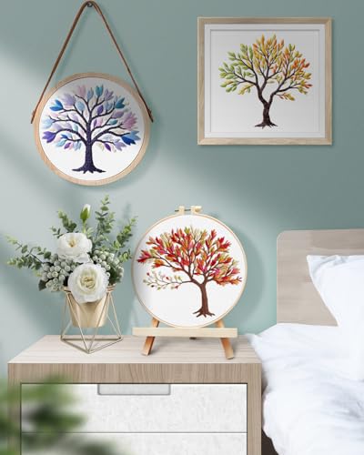 Image of TINDTOP Embroidery Kit for Adult, 3 Pack Embroidery DIY Starter Kit | with Stamped Patterns, Hoop, Tools, Colorful Threads with Needles, Instructions (Color Tree)