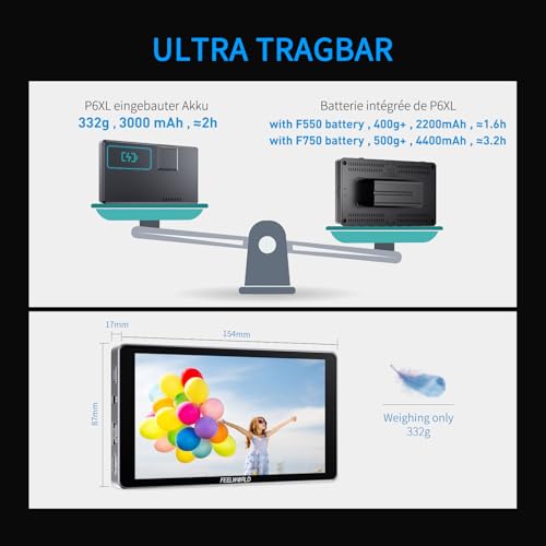 FEELWORLD P6XL 6 Zoll Touchscreen DSLR Monitor Eingebaute Batterie1200Nit Kamera Field Monitor mit Integriertem Akku 4K 60Hz HDMI 3DLUT HDR Waveform Screenshot Aluminium Gehäuse