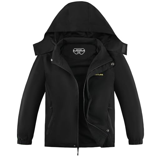BOYLOVE Boys Girls Waterproof Raincoats for Lightweight Soft Mesh Lining Kids Windproof Jacket with Hood Easy to Fold (10 12 Black)