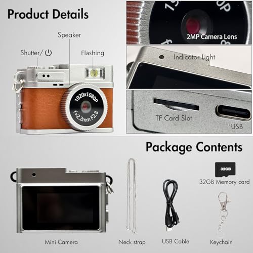 Image of Mini Retro Camera,1080P Keychain Camera, Nostalgic Vintage Tiny Digital Camera with 32GB Card, Great Gift Idea for Photo /Video Travel Study Recording(Brown)