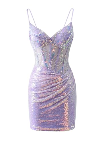 Womens's Lace Sequin Homecoming Dresses for Teens Sparkly Tight Corset Short Prom Cocktail Gown