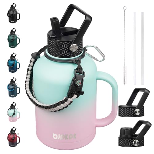 Image of BJPKPK Large Insulated Water Bottles with Straw Lid & Handle, 50oz Water Bottle with 3 Lids and Paracord Strap, Stainless Steel Metal Water Bottle, Insulated Water Jug, Marshmallow