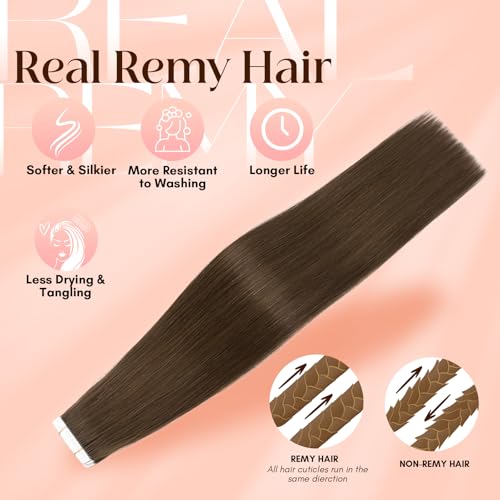 Image of Elailite Tape in Hair Extensions Human Hair Thick Real Remy Hairpieces Dark Brown 14 Inch 40g 20pcs Straight Invisible Seamless Skin Weft Best Tape for Women