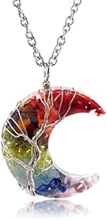 7 Chakra Healing Crystal Necklace Tree of Life Wire Wrapped Gemstone Pendant Crescent Moon Sliver Chain Necklace Jewelry for Women Mother's Day Valentines Gift