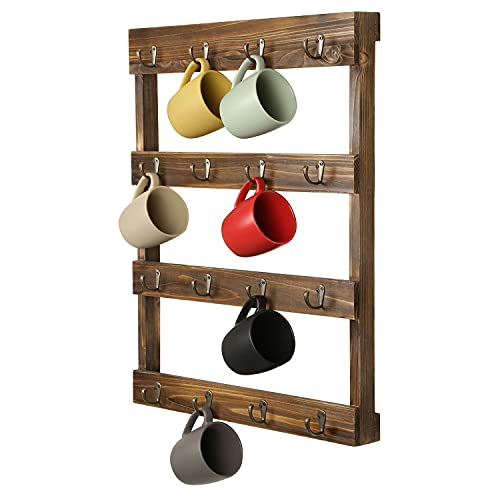 Wall Mounted 12 Hook Torched Wood Coffee Mug Cup Holder Display Rack
