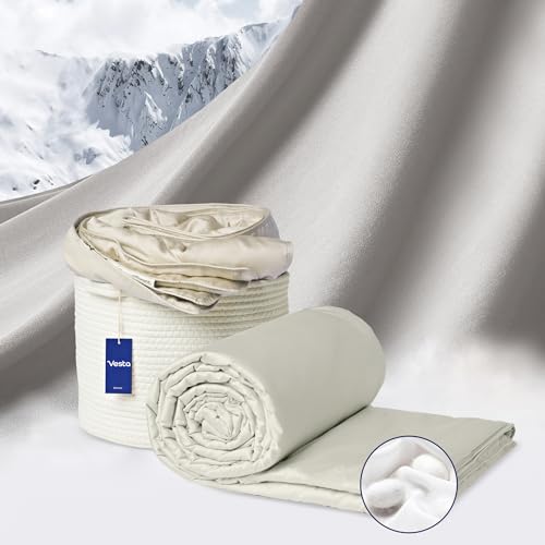 Vesta Silk-Filled Summer Lightweight Comforter, Washable Cooling Blanket for Hot Sleepers, 100% Long Staple Mulberry Silk with 100% Bamboo Shell, Moisture & Thermal Control (King, Ivory Slate)