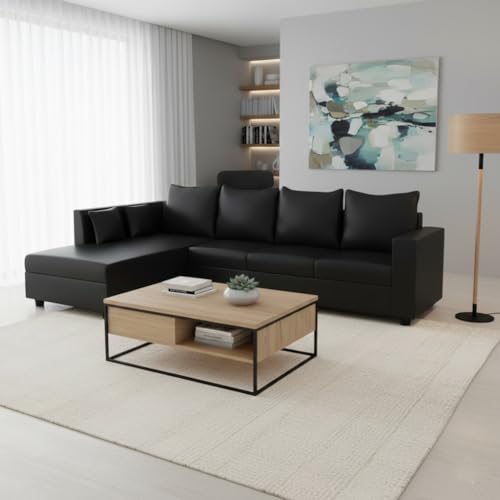 Image of FURNY Harloy 5 Seater LHS L Shape Leatherette Sofa Set (Black) in Premium Finish | Durable Comfort | Ideal for Living Room
