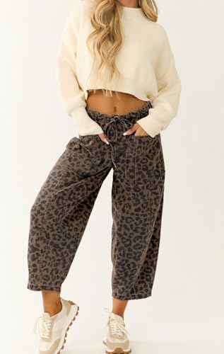 loveimgs Women Loose Leopard Print Cropped Denim Pants Barrel Jeans Elastic Waist Cheetah Wide Leg Harem Pants3