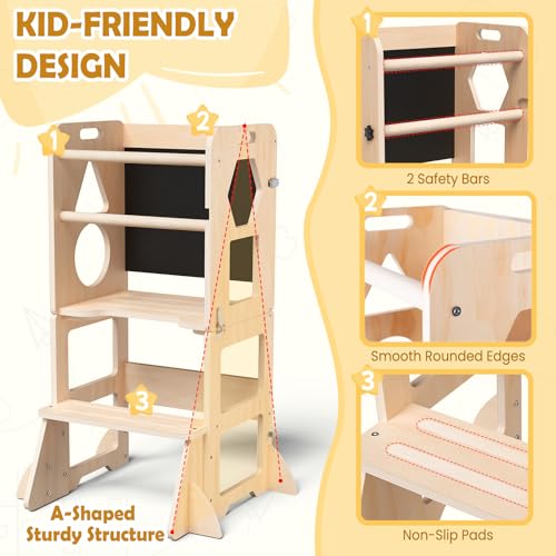 Image of Woodure 4-in-1 Toddler Kitchen Step Stool, Foldable Learning Standing Tower with Blackboard, Wooden Kitchen Stool Helper for Kids, 1-3 Year Old Boy Girl Gifts