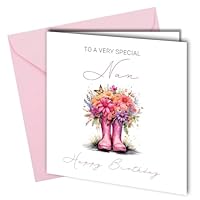 Birthday Card to a very special Nan, Flowers in Pink Boots Design, 350gsm Card with Pink Envelope #1810