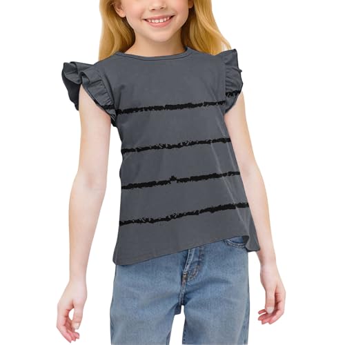 Xiaojmake Girls Casual Ruffle Short Sleeve T-Shirt Kids Crew Neck Tunic Top Button Striped Tee Blouse Cotton Tshirt Age 3-14