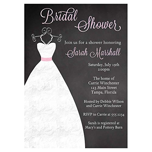 Chalkboard Bridal Shower Invitations Pink Black White Wedding Dress Gown Blackboard Luncheon Pretty