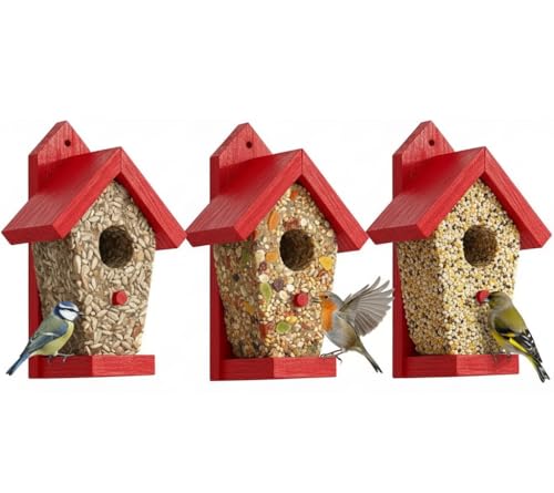 Refillable Suet Cake Bird Houses Feeder Decorative Red Wood RoofWeather Proof Attracts Wild Birds for Backyard Patio and Outdoor Feeding Fun DIY Bird Watching for Bird Lovers Set/3