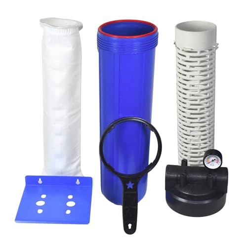 Image of AMPEREUS Whole House Water Filter, Housing /Sediment Bag Filter, Pressure Meter,Wrench, plae Big Blue 20'' Jumbo housing for 1.5 inch Inlet Outlet