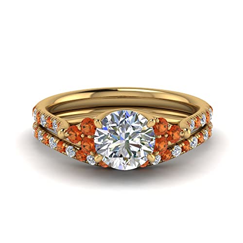Image of Choose Your Gemstone Round Cut Petite Cathedral Wedding Ring Set Yellow Gold Plated Round Shape Wedding Ring Sets Matching Jewelry Wedding Jewelry Easy to Wear Gifts US Size 4 to 12