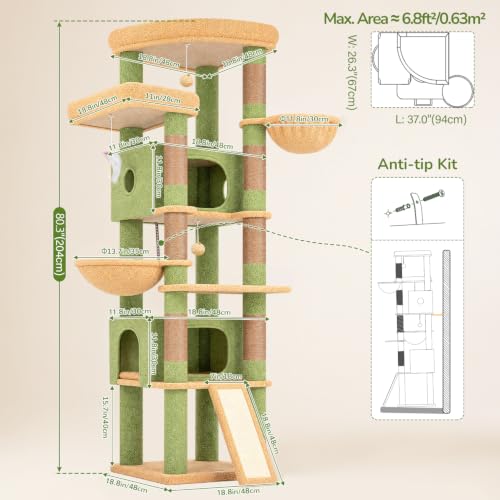 Image of Globlazer Extra Large Heavy Duty Cactus Cat Tree, 80in Sturdy Cat Tree Tower for Multiple Indoor Cats Large Adult with Scratching Posts, 2 Spacious Condos with Padding, 2 Soft Perches, S80C, Green