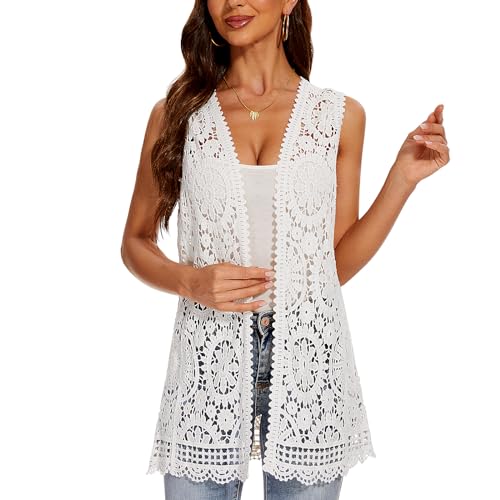 Image of Women's Crochet Floral Boho Lace Trim Sleeveless Kimono Open Front Vest Cardigan