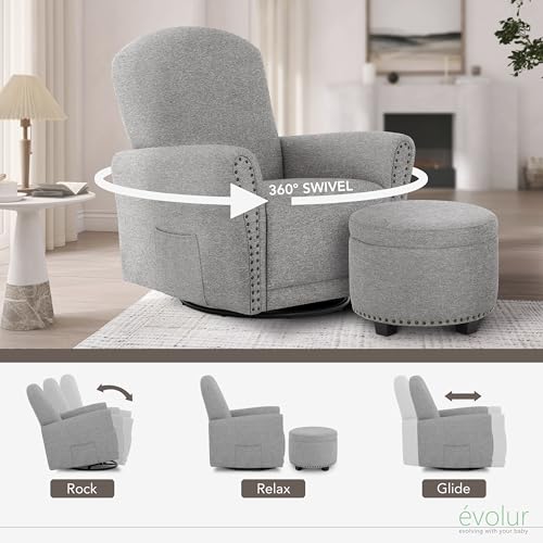 Image of Evolur Vienna Swivel Glider with Ottoman, FSC Certified, Greenguard Gold and JPMA Certified Glider Rocking Chair, 360 Swivel Motion, Ergonomic Design Nursery Glider, Cobblestone