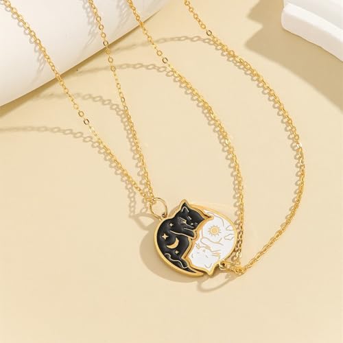 Image of Stainless Steel Best Friends Matching Necklace for 2, Black White Cat Pendant 2PCS Couple BFF Jewelry for Women