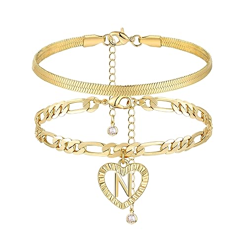 Image of YANODA Gold Ankle Bracelets for Women Waterproof, 14k Gold Plated Layered Snake Anklets Figaro Chain Letter Initial Anklets Handmade Heart Ankle Bracelets Personalized for Women Beach Jewelry Gifts