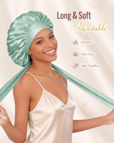 Image of BONNET QUEEN Double Layer Silk Bonnet for Sleeping for Women Satin Bonnet Night Cap for Curly Hair with Tie Band, Sage Green