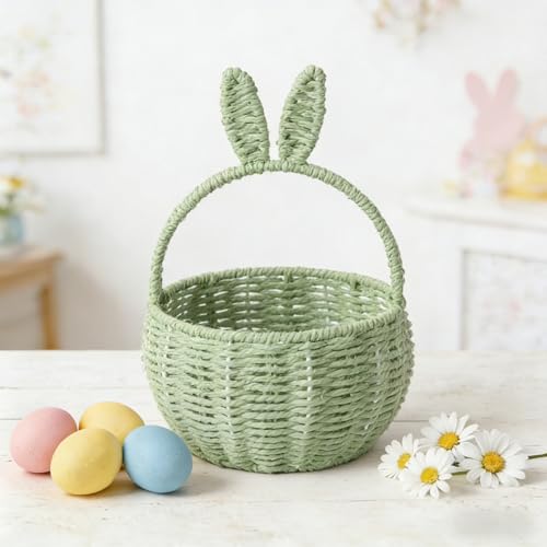 Cestino pasquale intrecciato a mano con orecchie staccabili e targhetta per il nome, cesto in corda di cotone personalizzato per caccia alle uova dei bambini, bomboniere, asilo nido e regali di Pasqua