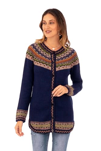 NOVICA Artisan Handmade Alpaca Cardigan Sweater Dark Blue tyle Buttondown Wool Clothing Patterned Peru Geometric 'Blue Peru'