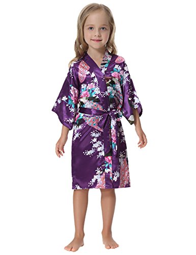Aibrou Girls' Peacock Satin Kimono Robe Bathrobe Nightgown For Party Wedding,6,Dark Purple