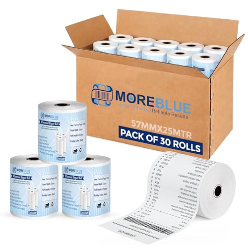 Image of MOREBLUE Pack of 30 57mm x 25m Direct Thermal Receipt Paper Rolls, Premium Ink-Free POS Billing Rolls for Credit Machines, Food Billing, ATM & Petrol Pump Receipts