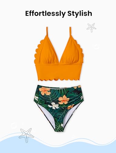 Family Matching Solid Scallop Trim Strappy Two-Piece Swimsuit and Allover Floral Print Swim Trunks Shorts3