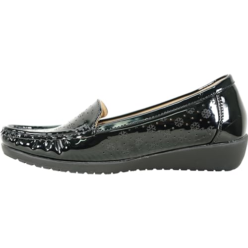 Image of KOZI Women Comfort Casual Wedge Shoe Slip-On Loafer ML Collection Round Toe Penny Loafer Removable Insole Black Champagne