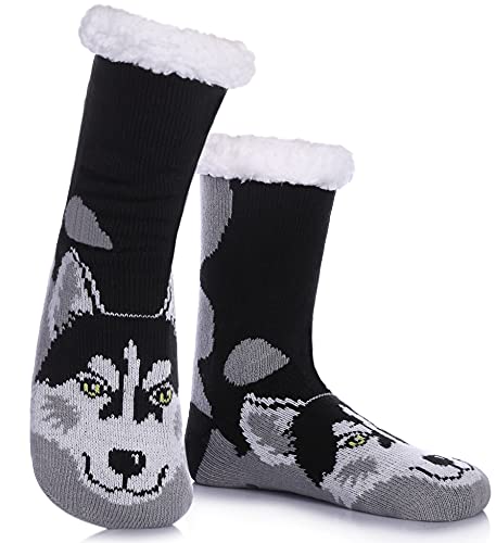 DYW Mens Slipper Socks Animal Fuzzy Non Slip Fluffy Winter Warm Soft Thick Fleece lined Thermal Home Socks (Husky)