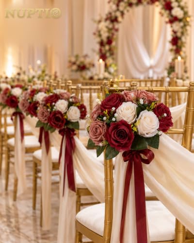 Image of Nuptio Artificial Flower Centrepieces for Tables - 6 Pcs Burgundy & Dusty Rose & Creamy White Fake Flowers Roses Balls 9.5in Diam - Silk Faux Rose Arrangement for Wedding Party Centerpiece Table Decor