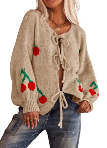 chouyatou Women's Cute Y2K Cherry Tie Knot Cardigan Casual Loose Crewneck Chunky Knit Sweater Cardigan