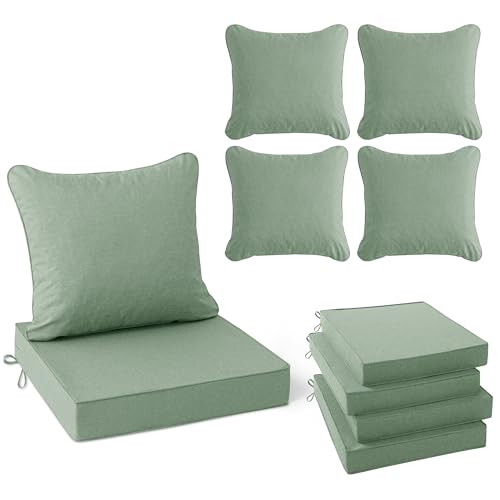 Image of Summsun Outdoor Cushions for Patio Furniture, Faux Linen Water Resistant Backrest and Deep Seat Cushion Set with Removable Cover, Straps, Non-Slip Bottom, 24 x 24 Inch, Sage Green, Set of 4