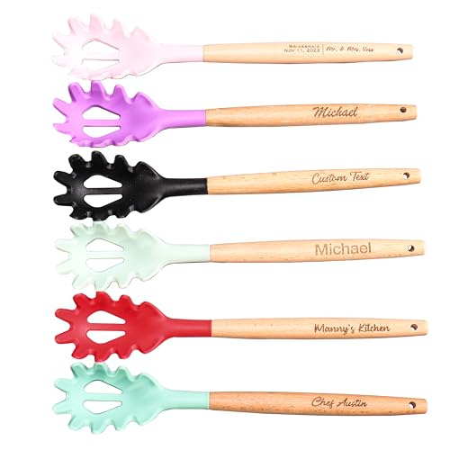 Personalized Pasta Fork Silicone Engraved Wooden Handle with Your Text, Wedding Favors Bachelorette Custom Spaghetti Strainer Noodle Server Spoon Chef Gift First Home Mother's Day Baby Shower