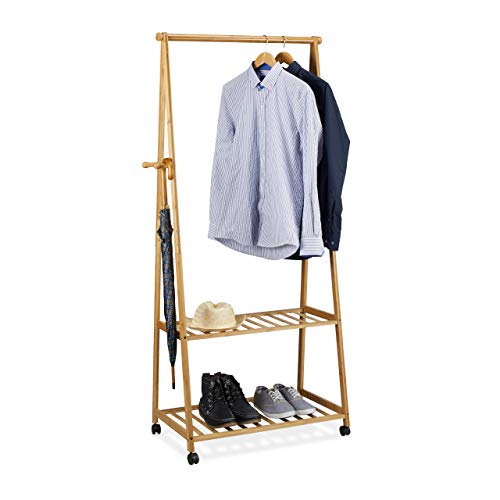 Relaxdays Perchero Ruedas, Burro Ropa con 2 Estantes para Zapatos, Colgador, 1 Ud., Bambú, 166 x 84 x 45 cm, Marrón