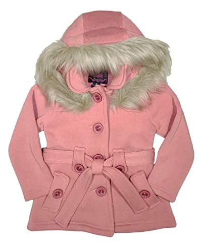 Unik Girl Fleece Coat with Detachable Fur Lined Hood and Belt Black Fuchsia Grey Navy Red Burgundy (Medium, Rose)