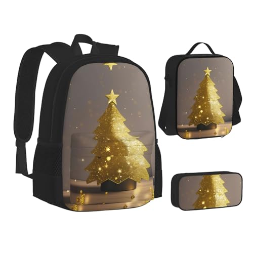 nanger Golden Glitter Christmas Tree Print 3-Piece Set Backpack, Lunch Bag And Pencil Case, For Travel, College, And Daily Use2