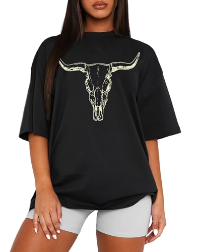 MAPICK Women Graphic Tees Cow Skull Western Outfits Short Sleeve Cowgirl Outfit Country Concert T-Shirts(Black,Small)