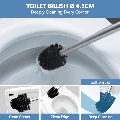 WC Bürsten Schwarz Ø 6,5cm,4 Stück, Klobürste Schwarz mit Edelstahlgriff,Toilettenbürste für das Badezimmer,Praktisches Toilettenbürstenset für eine gründliche WC-Reinigung,Edelstahl-WC-Bürsten