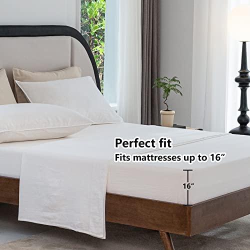 Talasily Linen Sheet Set King Size Bed Sheets Set -4 Pieces (1 Flat Sheet & 1 Fitted Sheet & 2 Pillowcases) 55% Linen 45% Cotton Blend King Sheet Set With 16-Inch Deep Pockets Soft Sheet-White #TOP3