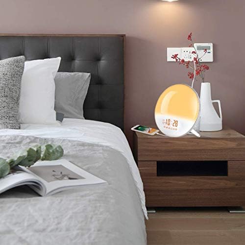 Alarm Clock Wake Up Light Sunrise/Sunset Simulation Bedside Night Lamp Mains Powered with FM Radio/Dual Alarms/7 Natural Sounds & Light Colors/20 Brightness Levels, LED Mood Light for Kids Bedroom