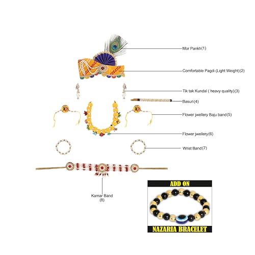 Image of Krishna Dress for Kids, Baby Krishna Dress for Janmashtami with Krishna Mukut, Peacock Feather & Flute Embroidered Krishna Costume for Girl & Boy, 3 Months-8 Years