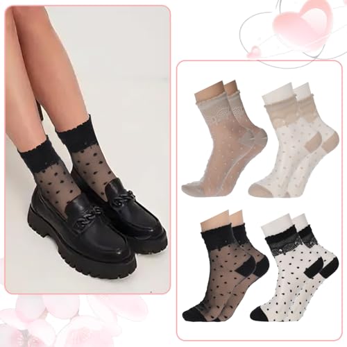 4 Pairs Dot Sheer Ruffle Socks Women Lace Socks Thin Ruffle Sock Cute Summer Sock for Women Girls (Beige, All Black, White, Black)4