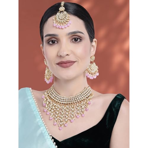 Image of Peora Kundan & Beads Studded Necklace Earrings & Maangtikka Set Ethnic Jewellery for Women & Girls