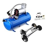 Kit Klaxon à Air Double Trompe en Métal Chromé 130dB + Compresseur d'Air 12V 150psi / 10Bar avec Reservoir 6L Pour Camion Bateau Voiture SUV